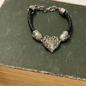 Brighton Silver Heart Charm Bracelet with Black Braided Band
